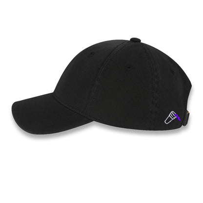 Side view of black unstructured cap with white PURP logo embroidered on the front. Showing small double cup embroidered on the side.

Purple Wax - 3rd Coast Skate Wax - Out the Mud Since 2014 - Skateboard Wax and Apparel