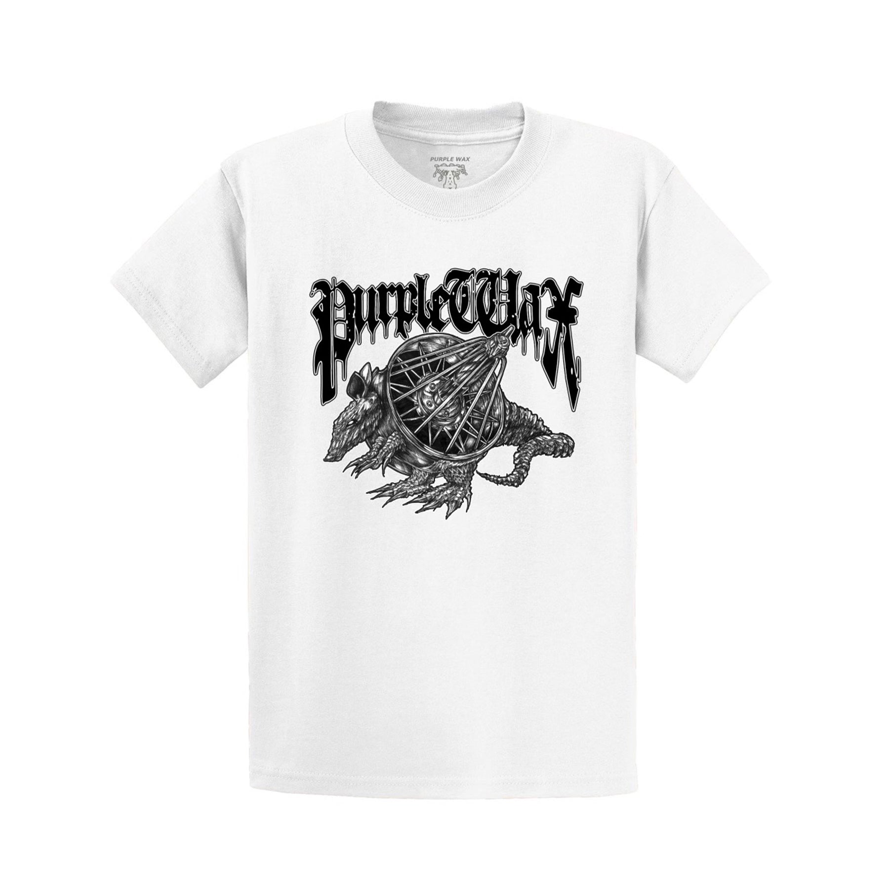 White t-shirt with black graphic printed on the front. The graphic is an Armadillo rolling on 84's. Graphic made by Fiend. 

Purple Wax - 3rd Coast Skate Wax - Out the Mud Since 2014 - Skateboard Wax and Apparel
