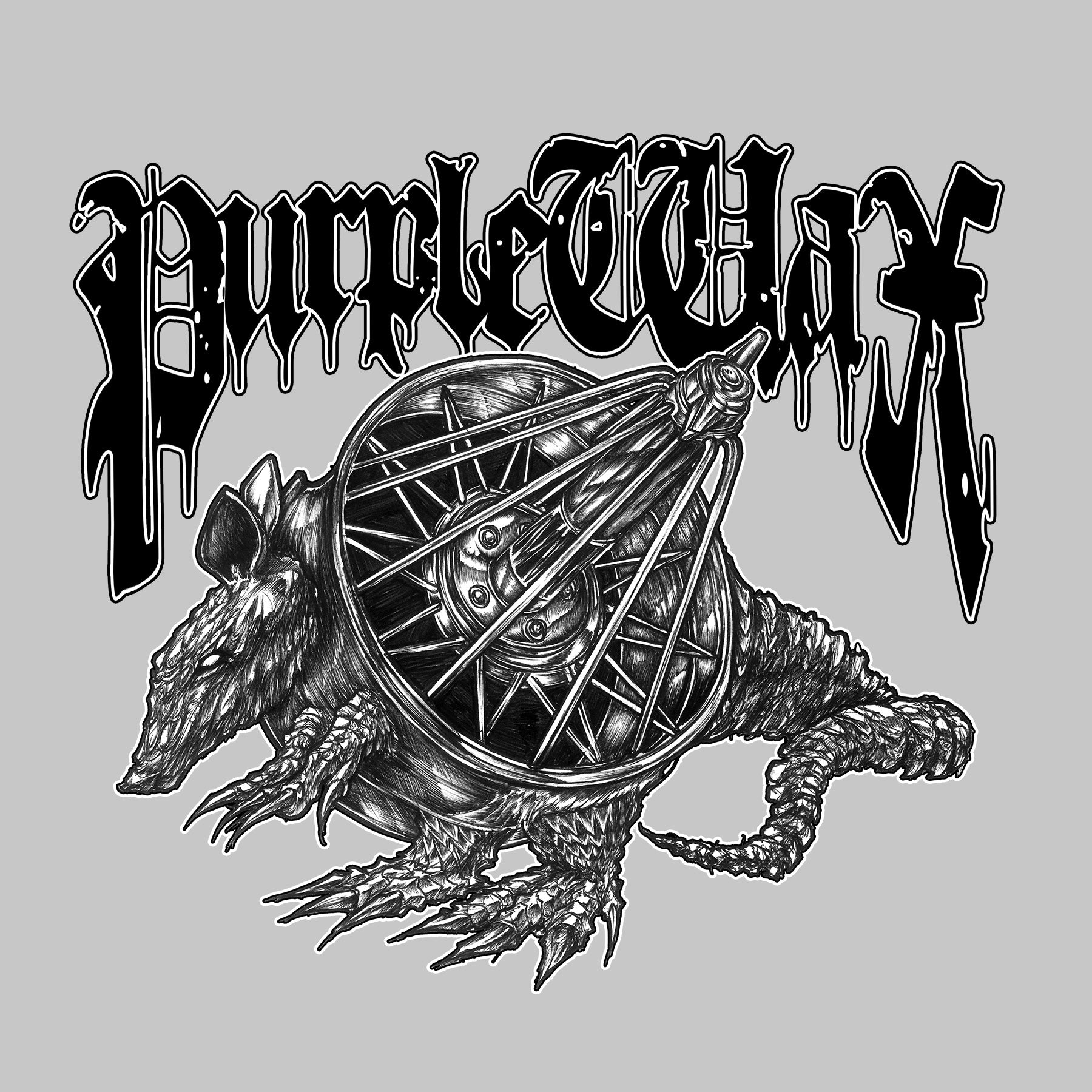 White t-shirt with black graphic printed on the front. The graphic is an Armadillo rolling on 84's. Graphic made by Fiend. 

Purple Wax - 3rd Coast Skate Wax - Out the Mud Since 2014 - Skateboard Wax and Apparel
