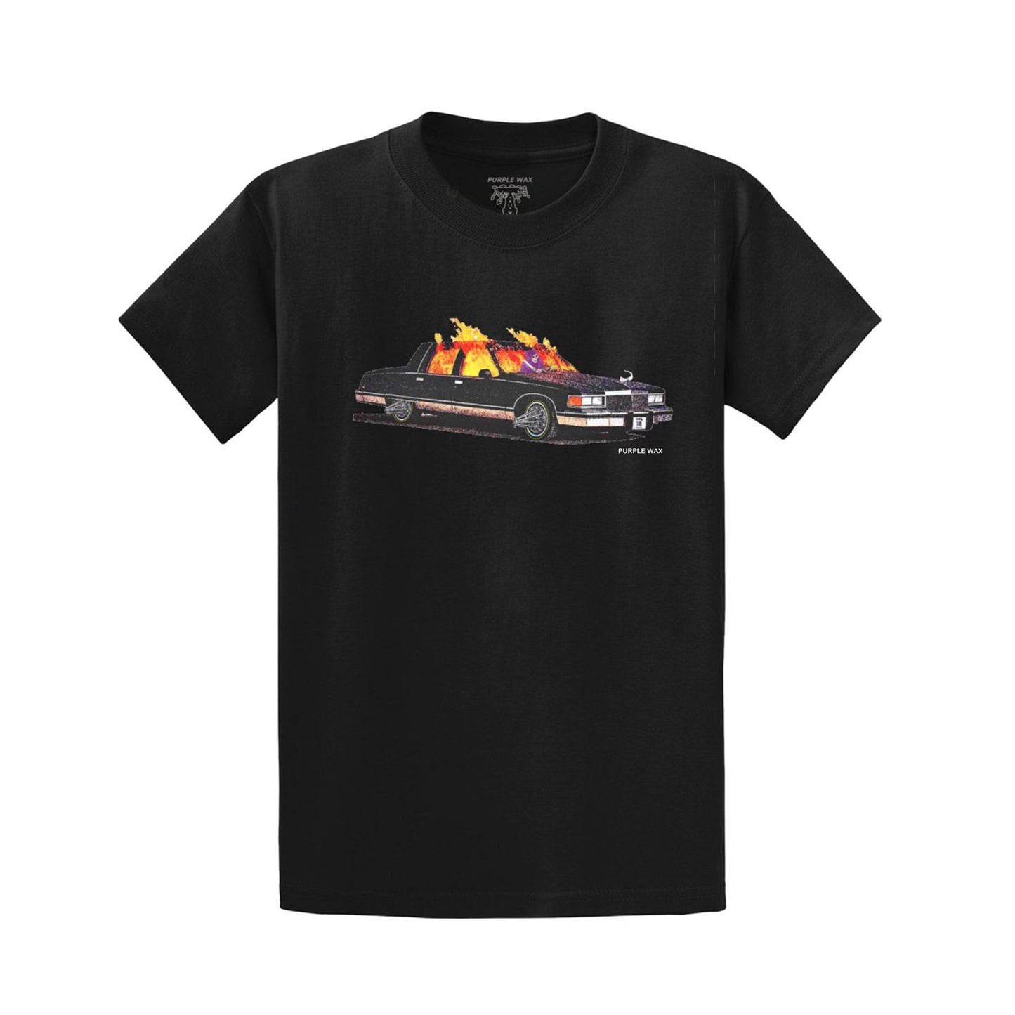 Black t-shirt with full color graphic printed on the front. The graphic is a grim reaper driving his Cadillac while it burns from the inside. Graphic made by Ends. 

Purple Wax - 3rd Coast Skate Wax - Out the Mud Since 2014 - Skateboard Wax and Apparel
