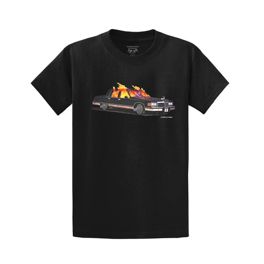 Black t-shirt with full color graphic printed on the front. The graphic is a grim reaper driving his Cadillac while it burns from the inside. Graphic made by Ends. 

Purple Wax - 3rd Coast Skate Wax - Out the Mud Since 2014 - Skateboard Wax and Apparel
