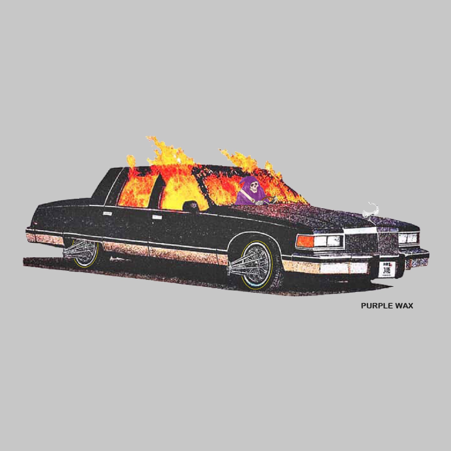 Black t-shirt with full color graphic printed on the front. The graphic is a grim reaper driving his Cadillac while it burns from the inside. Graphic made by Ends. 

Purple Wax - 3rd Coast Skate Wax - Out the Mud Since 2014 - Skateboard Wax and Apparel