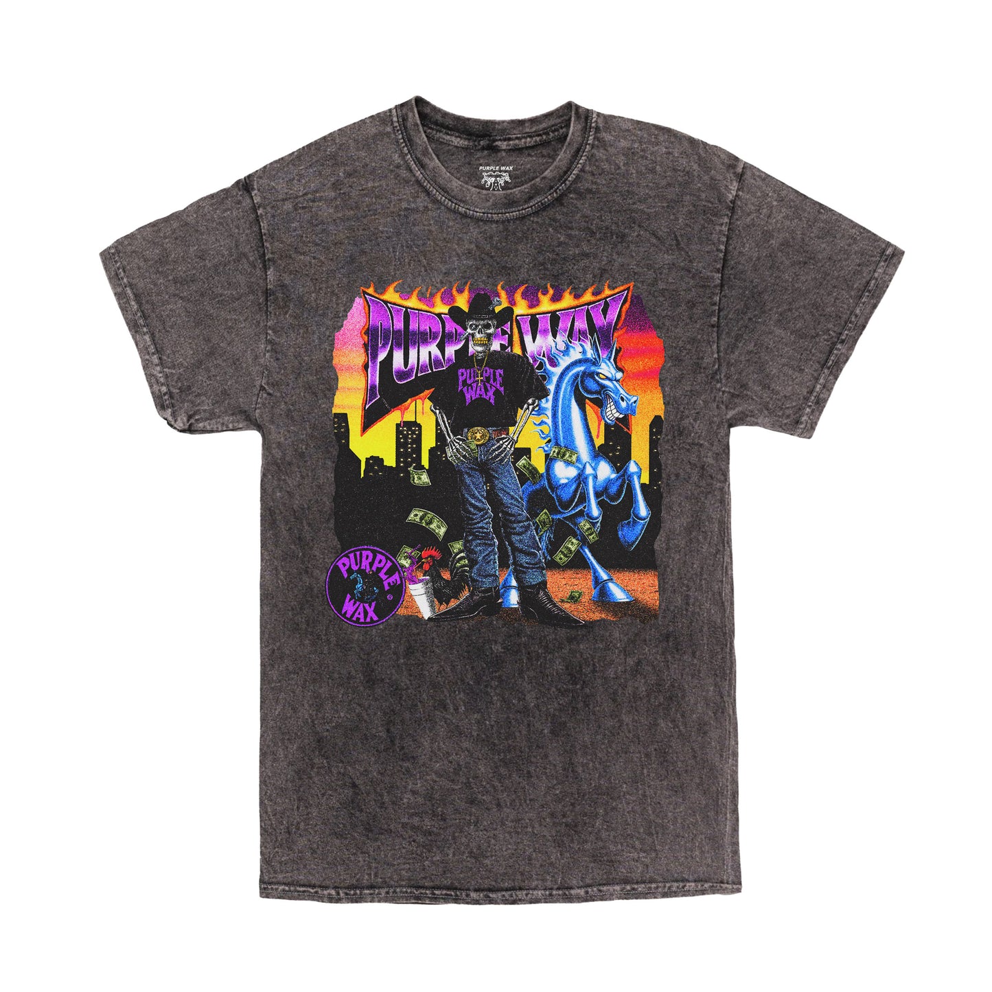 Black mineral washed t-shirt with full color graphic printed on the front. The graphic is a Purpane Cowboy skeleton, wearing a Purple Wax shirt, gold belt buckle, blue jeans and cowboy boots. He's got his horse on one side, and rooster on the other. Graphic made by Ends. 

Purple Wax - 3rd Coast Skate Wax - Out the Mud Since 2014 - Skateboard Wax and Apparel