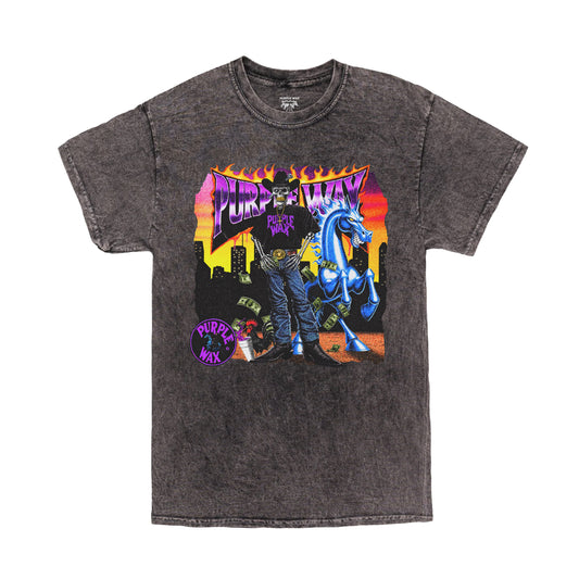 Black mineral washed t-shirt with full color graphic printed on the front. The graphic is a Purpane Cowboy skeleton, wearing a Purple Wax shirt, gold belt buckle, blue jeans and cowboy boots. He's got his horse on one side, and rooster on the other. Graphic made by Ends. 

Purple Wax - 3rd Coast Skate Wax - Out the Mud Since 2014 - Skateboard Wax and Apparel