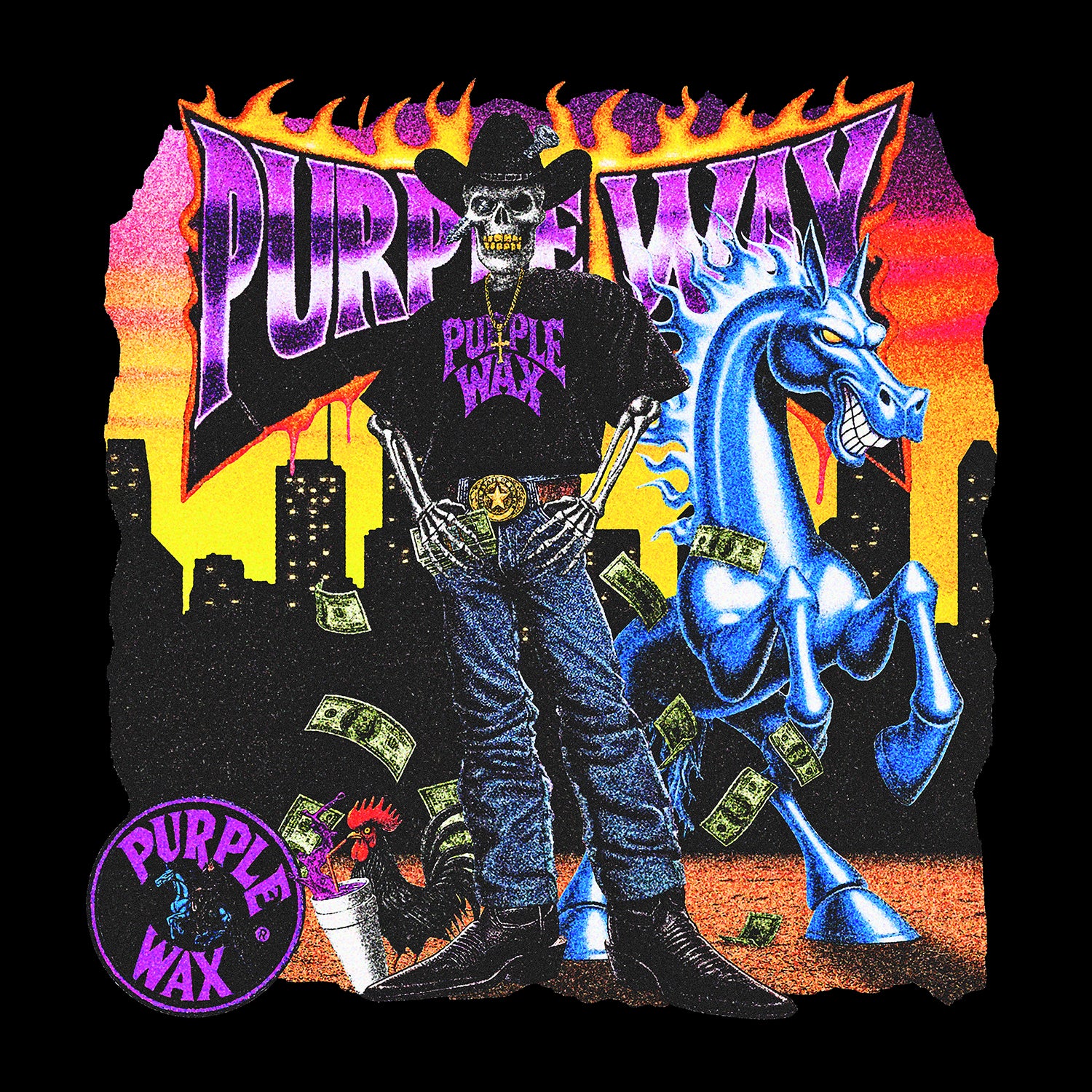 Black mineral washed t-shirt with full color graphic printed on the front. The graphic is a Purpane Cowboy skeleton, wearing a Purple Wax shirt, gold belt buckle, blue jeans and cowboy boots. He's got his horse on one side, and rooster on the other. Graphic made by Ends. 

Purple Wax - 3rd Coast Skate Wax - Out the Mud Since 2014 - Skateboard Wax and Apparel