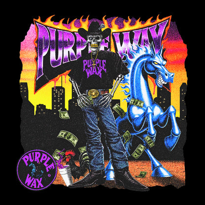 Black mineral washed t-shirt with full color graphic printed on the front. The graphic is a Purpane Cowboy skeleton, wearing a Purple Wax shirt, gold belt buckle, blue jeans and cowboy boots. He's got his horse on one side, and rooster on the other. Graphic made by Ends. 

Purple Wax - 3rd Coast Skate Wax - Out the Mud Since 2014 - Skateboard Wax and Apparel