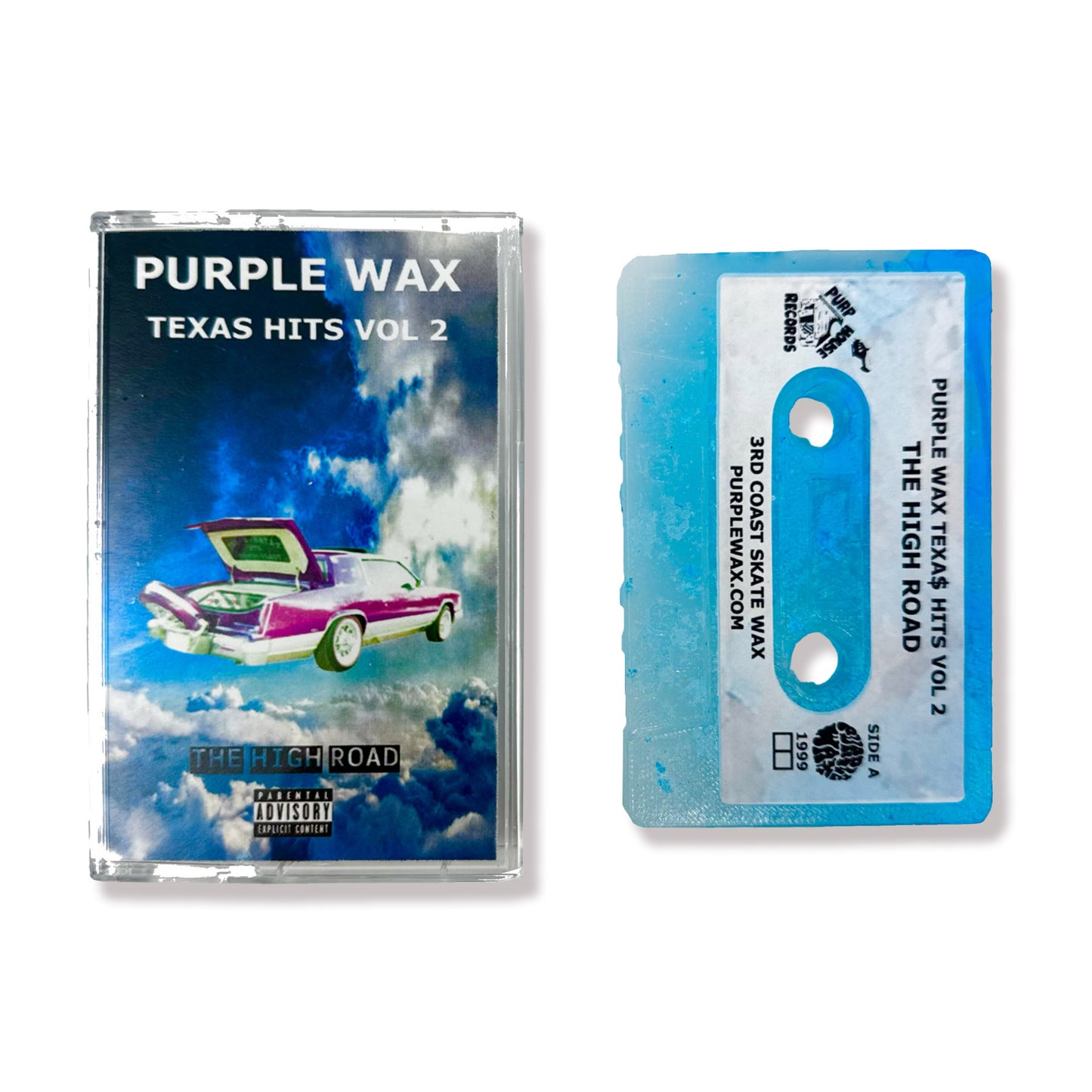White and blue skate wax cassette tape. Volume 2: The High Road. Premium skateboard wax. Comes in a cassette case, with Purple Wax tape cover.

Purple Wax - 3rd Coast Skate Wax - Out the Mud Since 2014 - Skateboard Wax and Apparel